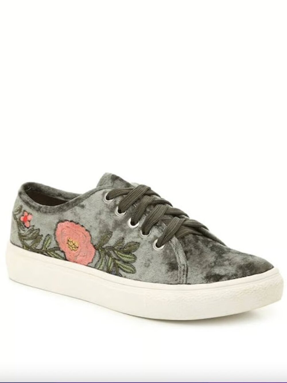 Vintage Havana Olive Green Velvet Floral Embroidered Lace-Up Women's Sneakers